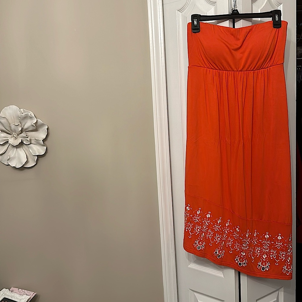 Orange asymmetrical strapless dress
